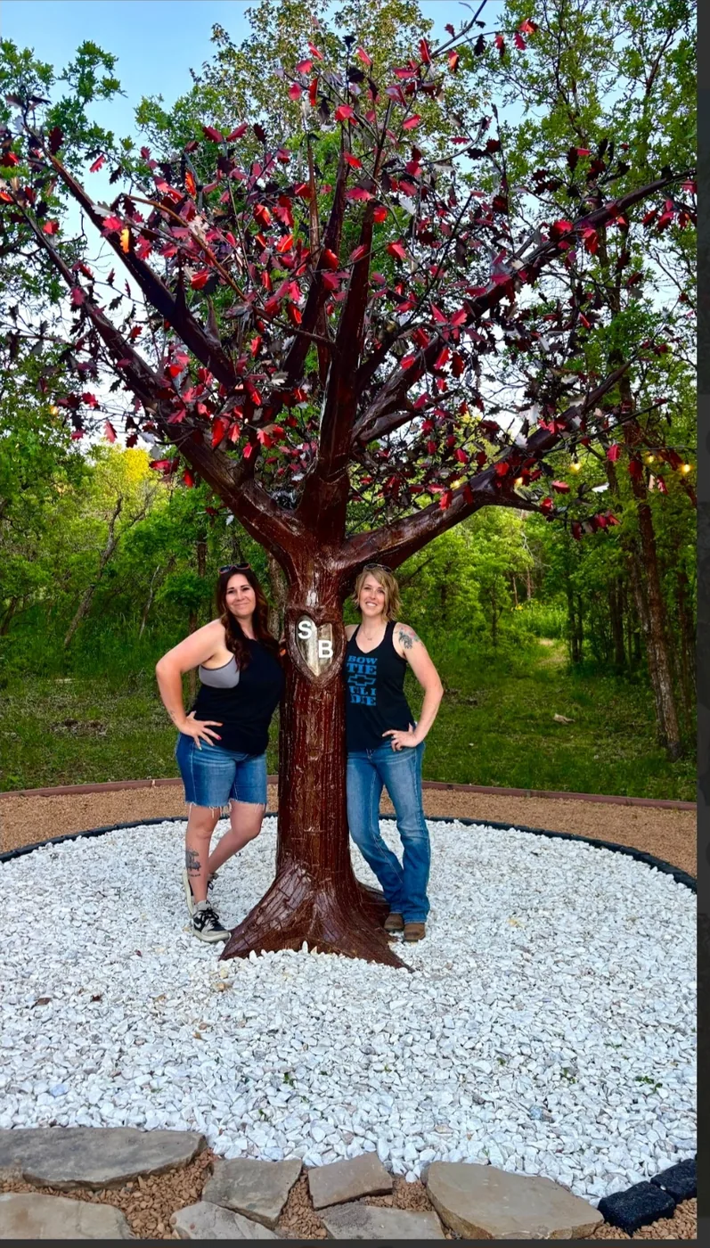 Red metal tree sculpture